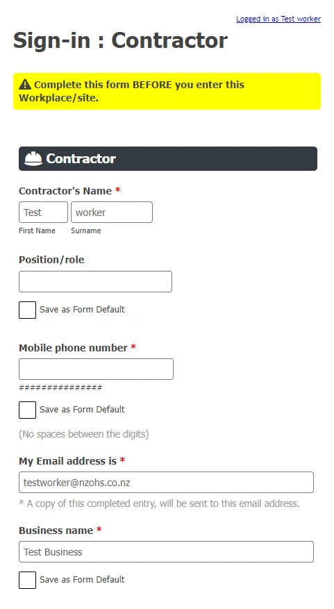 Screenshot of Contractor Sign-in form
