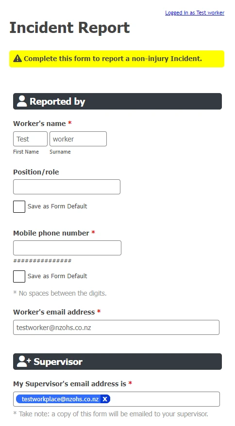 Screenshot of Incident form