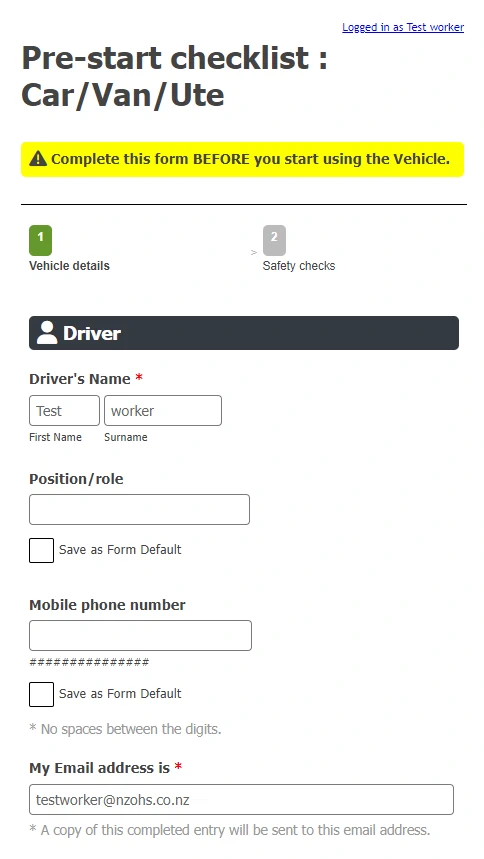 Screenshot of Pre-Start Checklist form